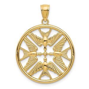 14k Yellow Gold Doves Circle Pendant, 22mm
